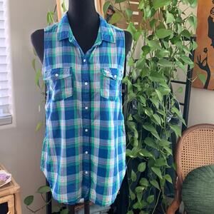 Abercrombie & Fitch Blue Madras Plaid Sleeveless Button Up Preppy Tunic Tank